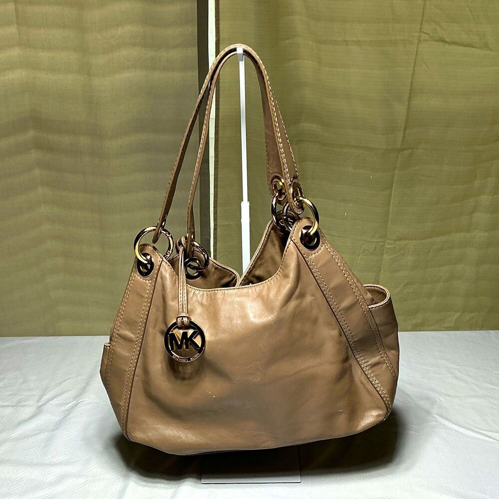 Michael Kors Taupe Medium Crescent Hobo Bag Zip/Magnetic Close Gold Charm